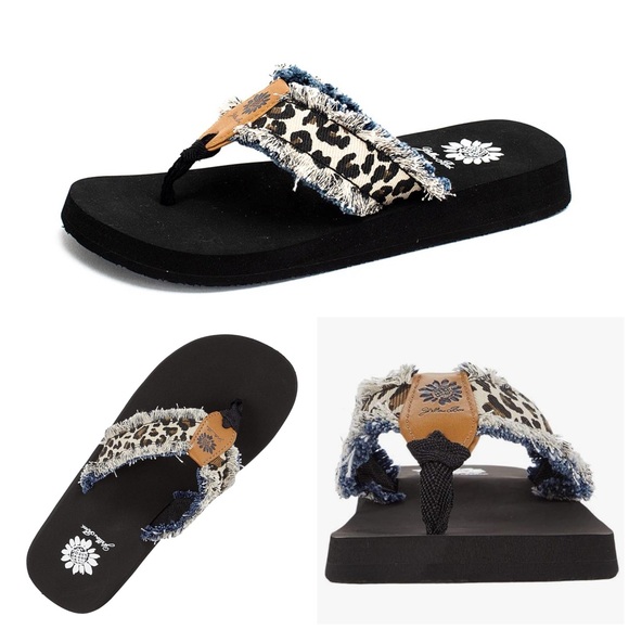 Leopard Print Flip Flops with Frayed Denim Accents - Picture 1 of 3